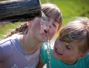 Kinder beim Trinken von Quellwasser